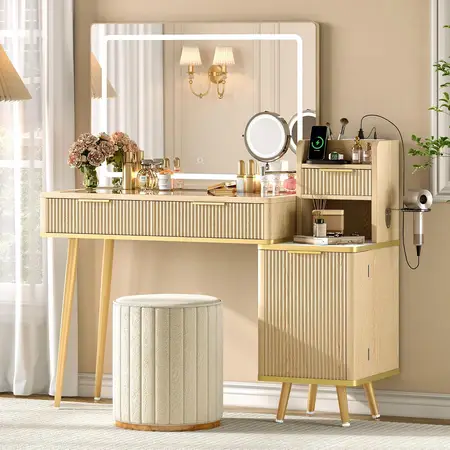 Fluted Glass Top Makeup Table Vanity Desk with 5X Magnifying Mirror