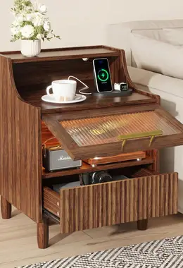 Fluted Nightstand with Charging Station and Light