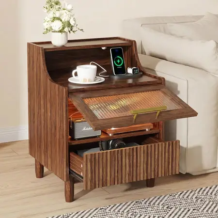 Fluted Nightstand with Charging Station and Light