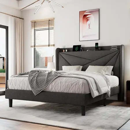 Full Size Upholstered Bed Frame with Charging Station