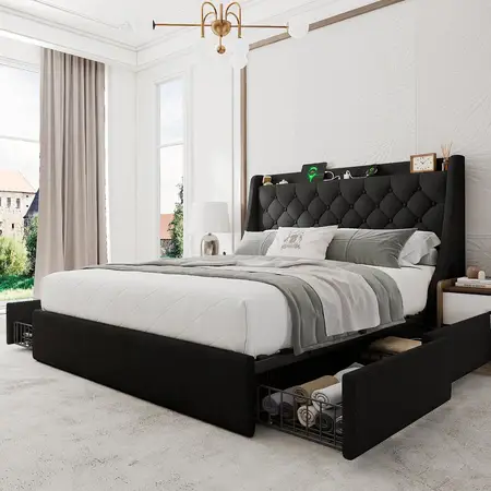 Upholstered Modern Bed Frame with Wingback Headboard