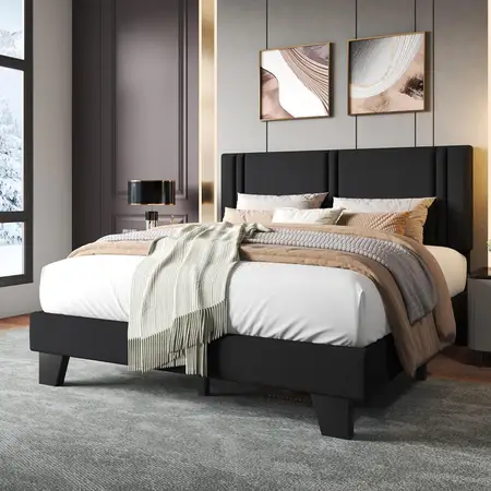 Upholstered Queen Size Bed Frame with Linen Fabric Headboard